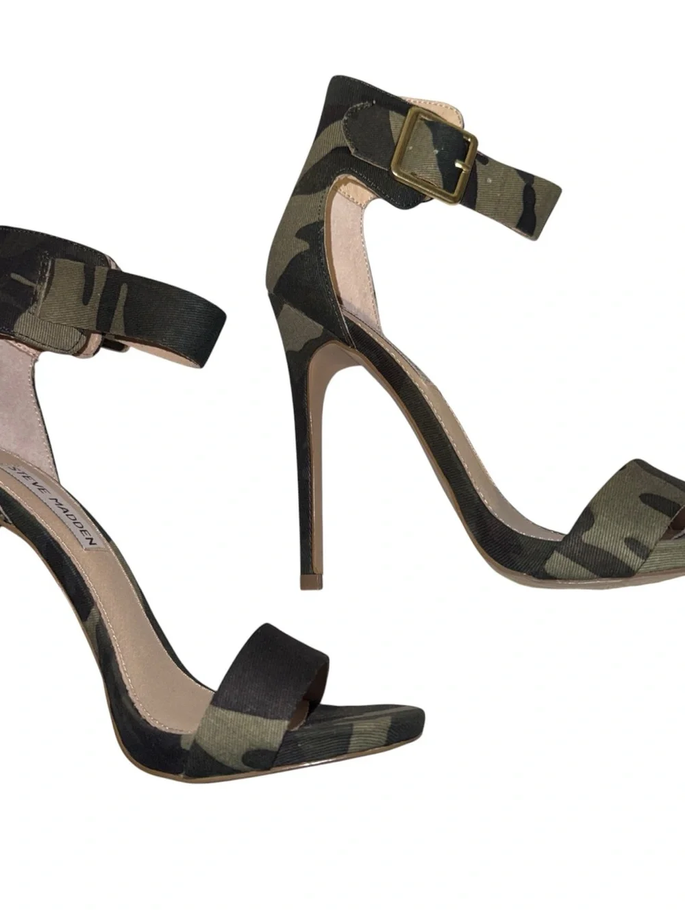 Steve Madden Womens Marlene Heels Green Camo Fabric Size 6.5 Ankle Strap‎